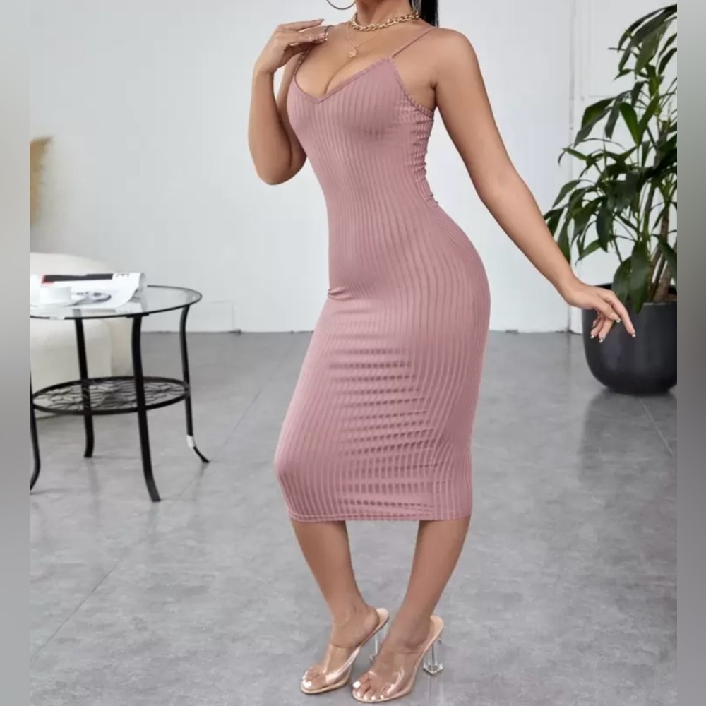Pink Ribbed Knit Bodycon Dress - Picture 6 of 6